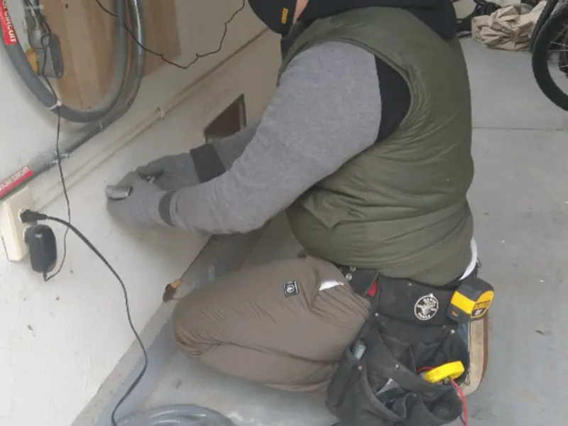 Electrician performing outlet wiring in a Trappe garage
